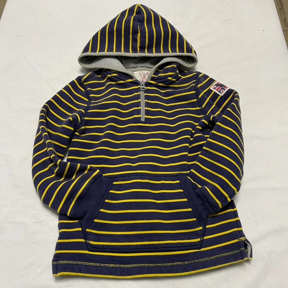Mini Boden Boys Hoodie Sweatshirt Pullover 5-6Y Striped Fleece Lined Navy Yellow